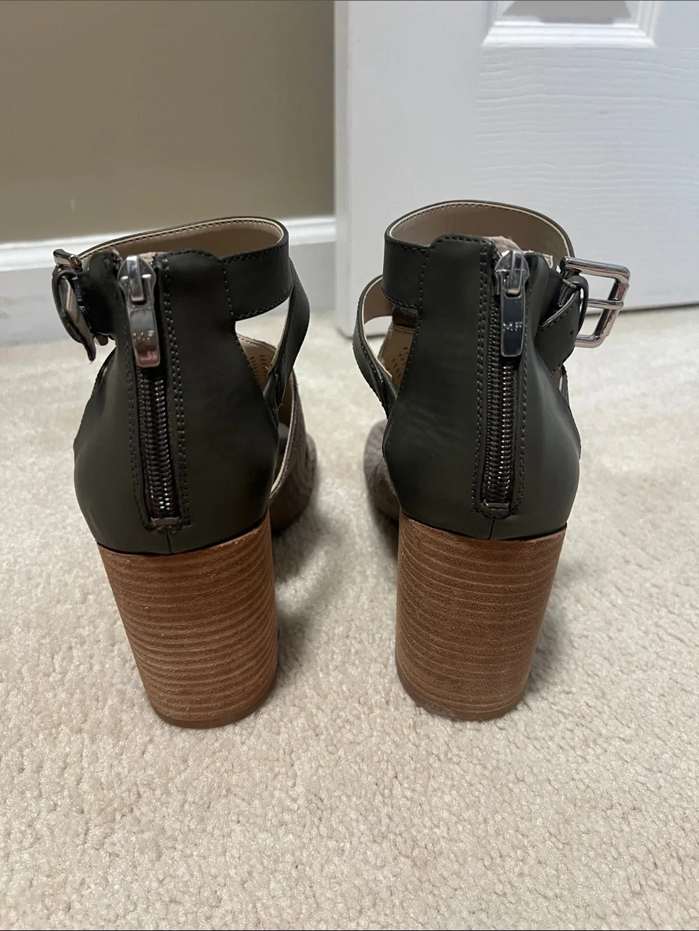 Marc Fisher Olive Green Perforated Open-Toe Block Heel Sandals
